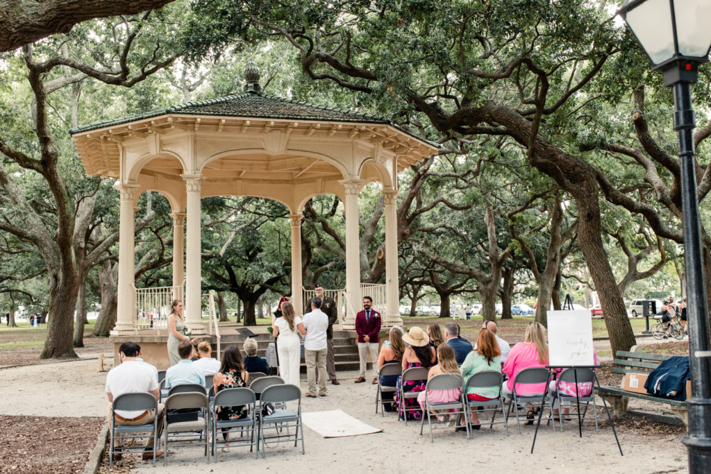 Wedding ceremony at the White Point Gardens in Charleston.