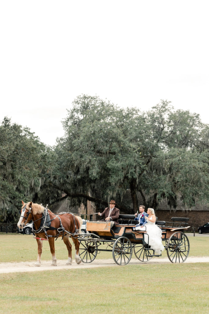 Bride and groom riding in a horse and carriage after wedding ceremony at Middleton Place wedding venue in Charleston. Photographed by Charlotte Wedding Photographer.