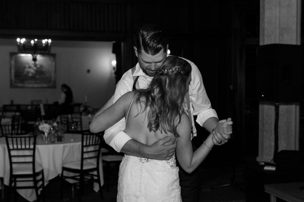 Bride and groom dancing during reception at Long View Country Club wedding venue in Charlotte NC