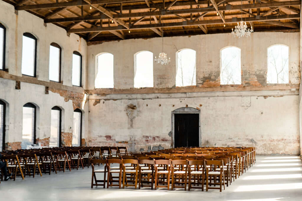 Wedding ceremony at Providence Cotton Mill wedding venue. Photographed by Charlotte wedding photographer, Stephanie Bailey Photography.